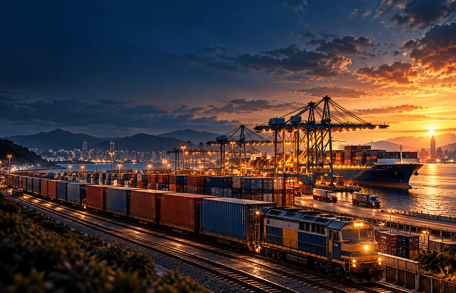 Freight train and container terminal at dusk (illustrative)