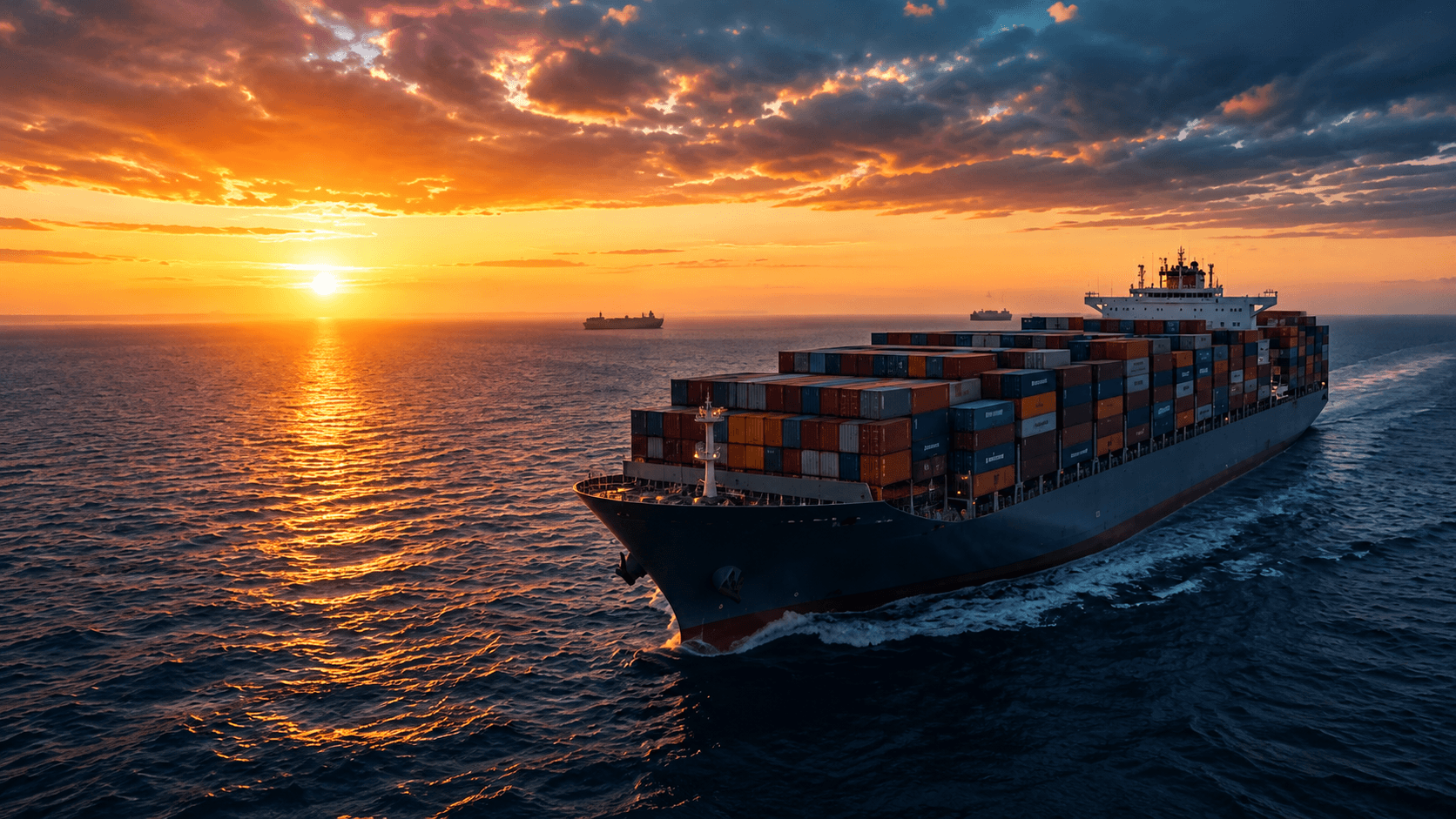 Container ship at sea at sunset (illustrative)